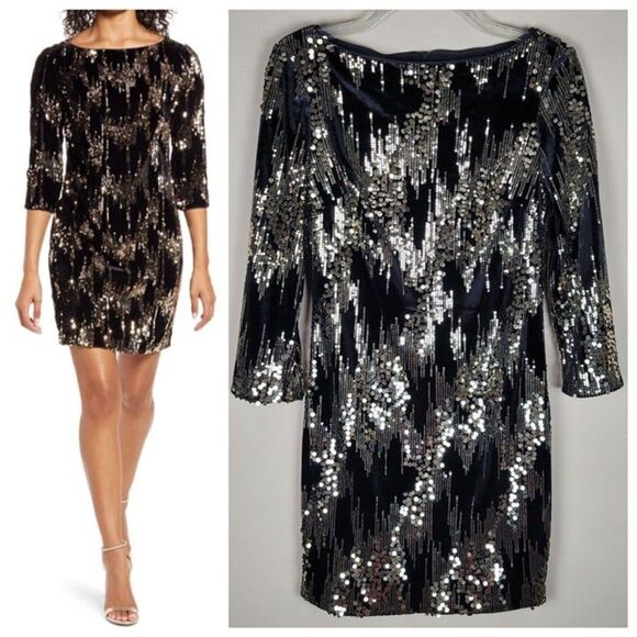 Eliza J Size 2 Sequin Velvet Shift Mini Dress 3/4 Sleeve Party Black Gold - Picture 1 of 12